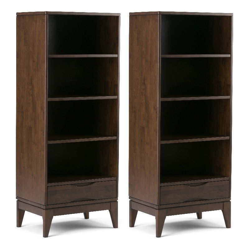 Pemberly Row 24W 4-Shelf Bookcase with Drawer Set of 2 in Walnut Brown