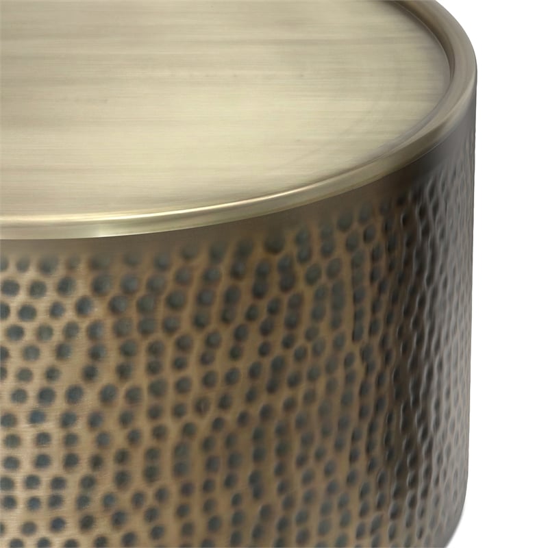 Pemberly Row Boho Coffee Table 32 in Round Drum in Hammered Antique Gold
