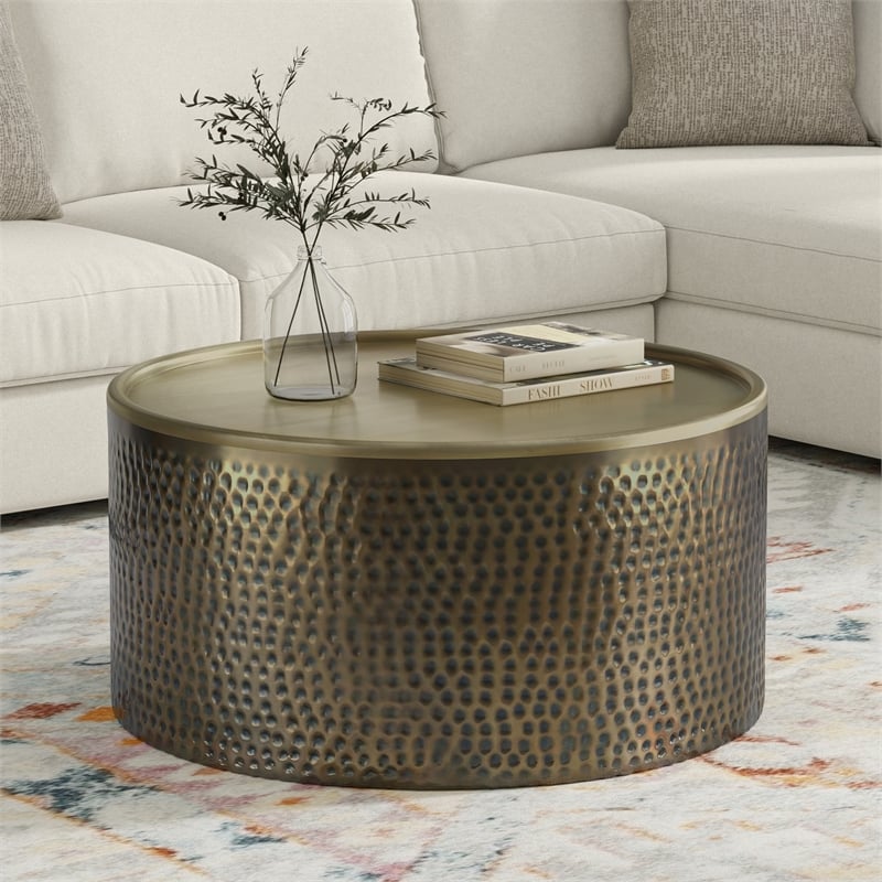 Pemberly Row Boho Coffee Table 32 in Round Drum in Hammered Antique Gold