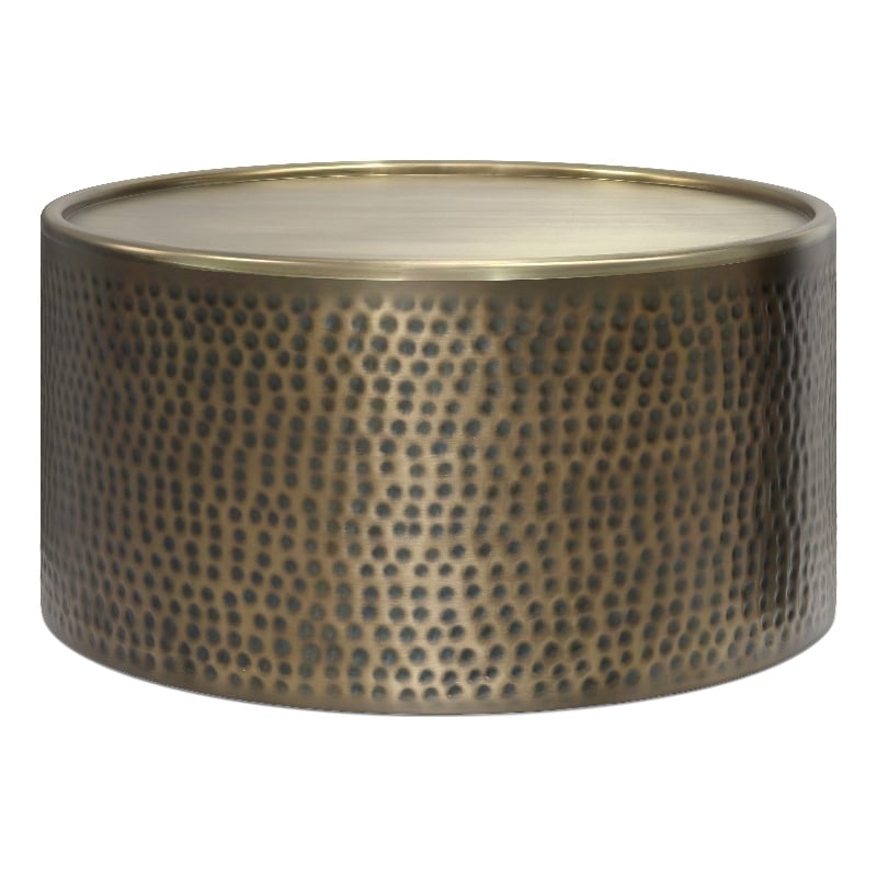 Pemberly Row Boho Coffee Table 32 in Round Drum in Hammered Antique Gold