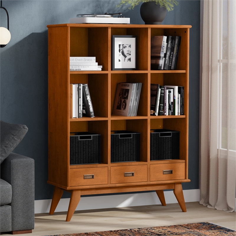 Pemberly Row Mid-Century Hardwood Bookcase with Drawers in Teak Brown 42