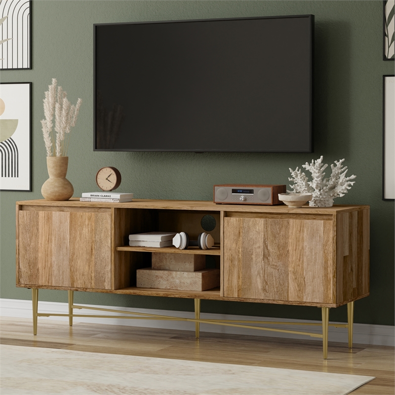 Pemberly Row 60 Inch Wood TV Stand in Natural for TVs up to 65 Inches