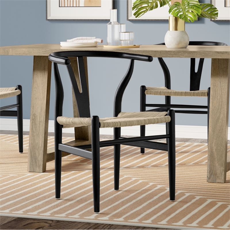 Pemberly Row Hershey Dining Chair Set of 2 in Black Wood and Rope