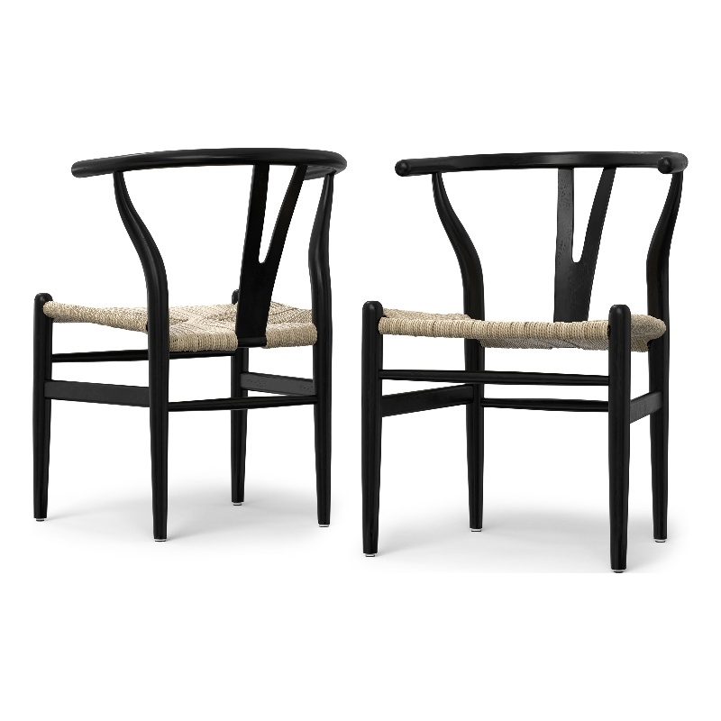 Pemberly Row Hershey Dining Chair Set of 2 in Black Wood and Rope