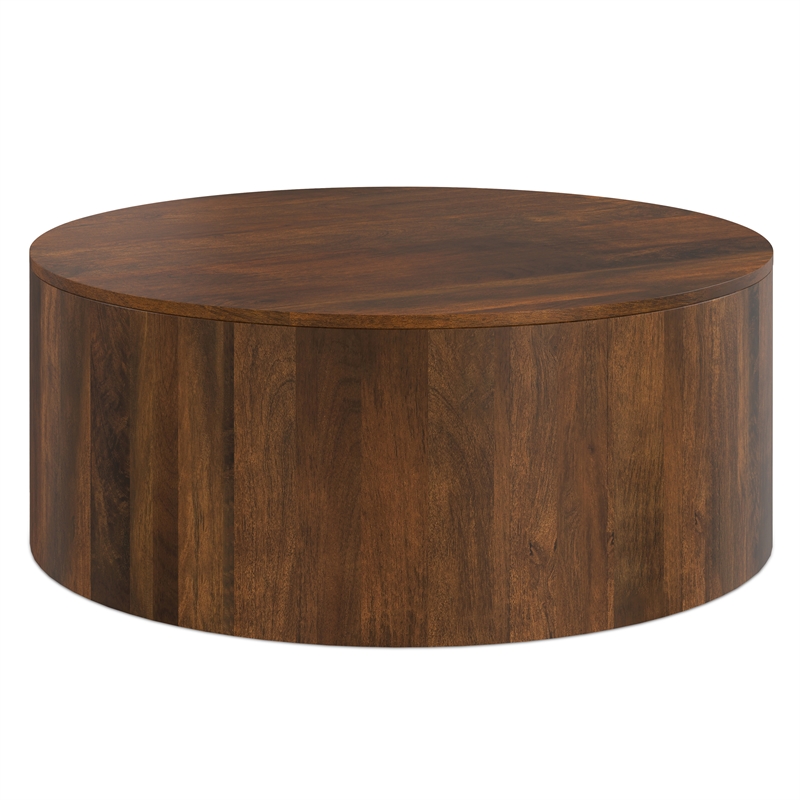 Pemberly Row Drum Coffee Table in Mango Wood Walnut Brown 36 in Wide