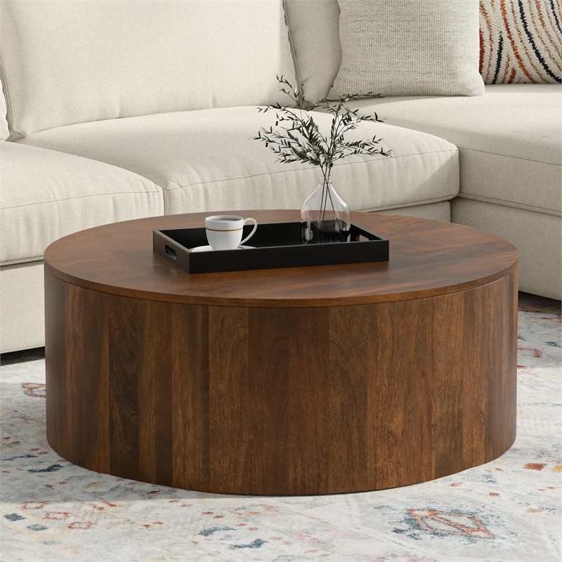 Pemberly Row Drum Coffee Table in Mango Wood Walnut Brown 36 in Wide
