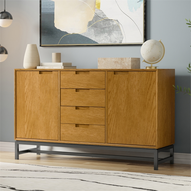 Pemberly Row Industrial Sideboard in Solid Wood Oak Veneer and Metal