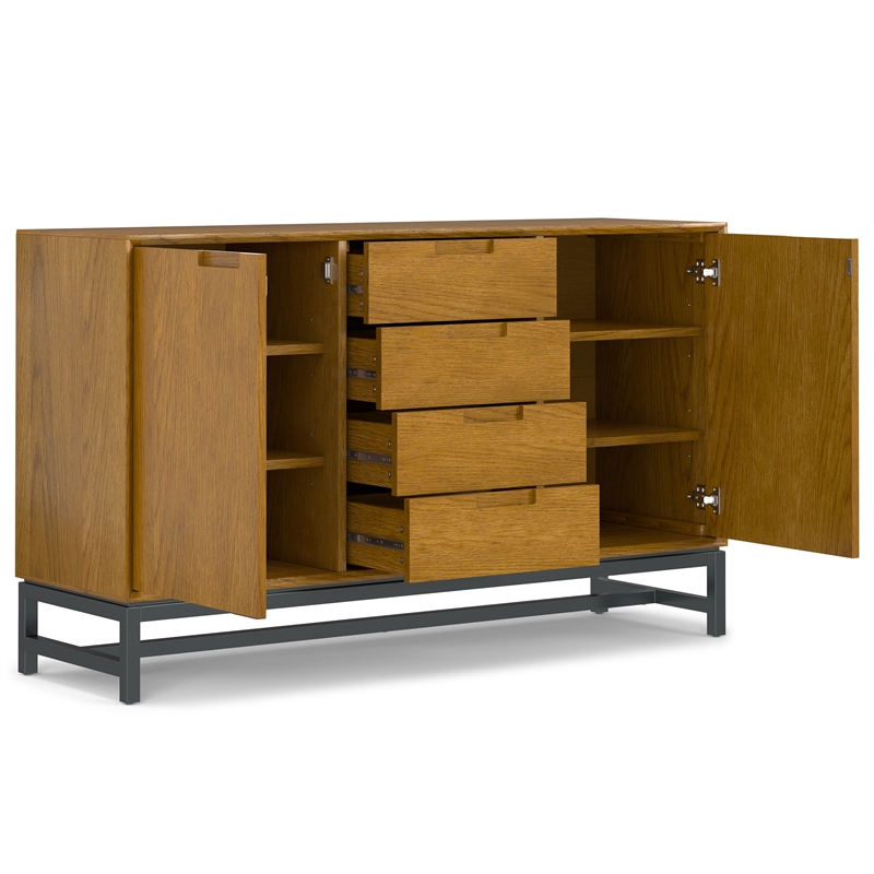 Pemberly Row Industrial Sideboard in Solid Wood Oak Veneer and Metal