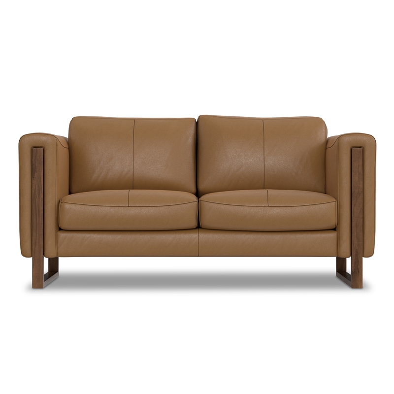 Pemberly Row Richard Wide Loveseat Genuine Leather Butternut Brown 63 in