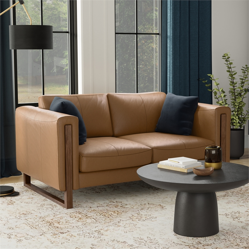 Pemberly Row Richard Wide Loveseat Genuine Leather Butternut Brown 63 in