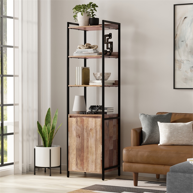 Pemberly Row Mango Wood Narrow Bookshelf with Cabinet in Natural Finish