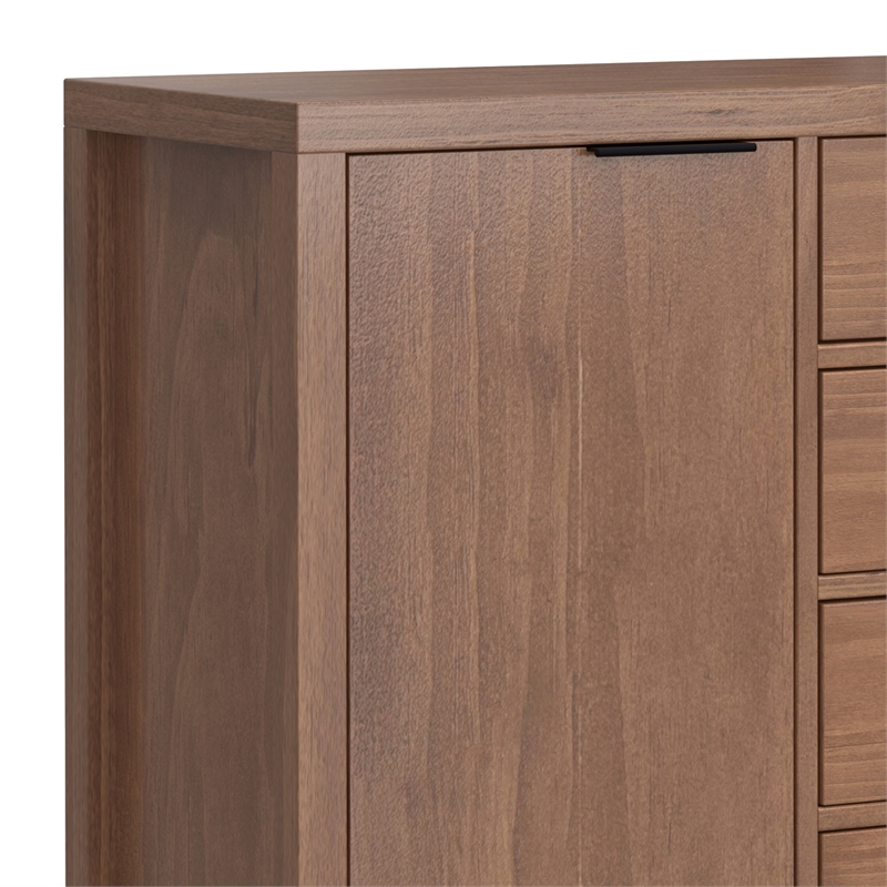 Pemberly Row Pine Sideboard Buffet with 4 Drawers & Cabinets in Saddle Brown