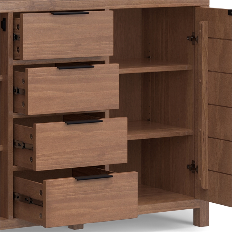 Pemberly Row Pine Sideboard Buffet with 4 Drawers & Cabinets in Saddle Brown