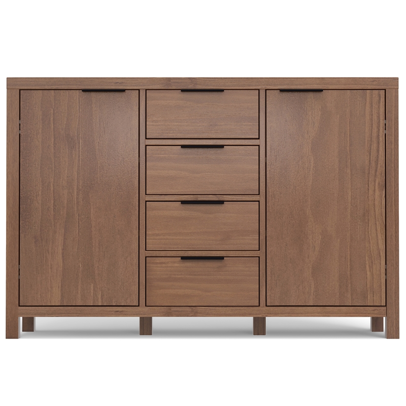 Pemberly Row Pine Sideboard Buffet with 4 Drawers & Cabinets in Saddle Brown