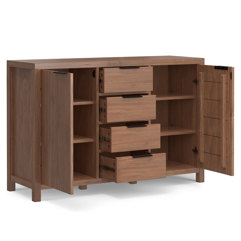 Pemberly Row Pine Sideboard Buffet with 4 Drawers & Cabinets in Saddle Brown