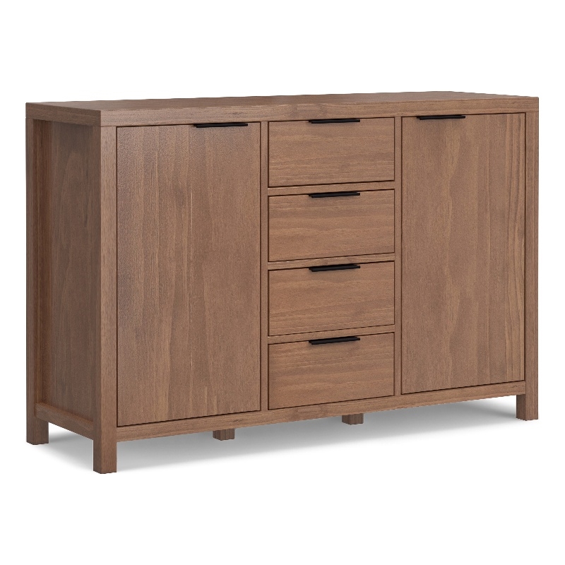 Pemberly Row Pine Sideboard Buffet with 4 Drawers & Cabinets in Saddle Brown
