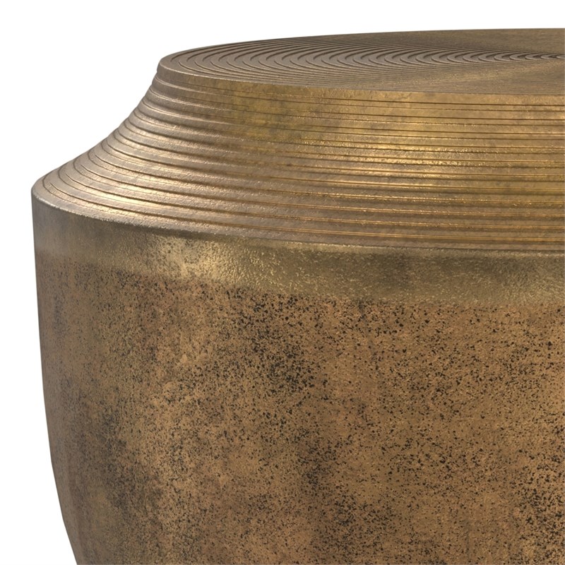 Pemberly Row Drum-Shaped Coffee Table in Antique Brass Cast Aluminum