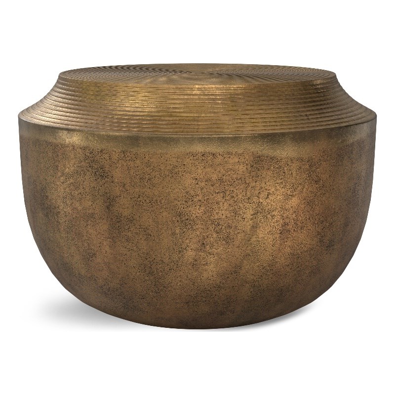Pemberly Row Drum-Shaped Coffee Table in Antique Brass Cast Aluminum