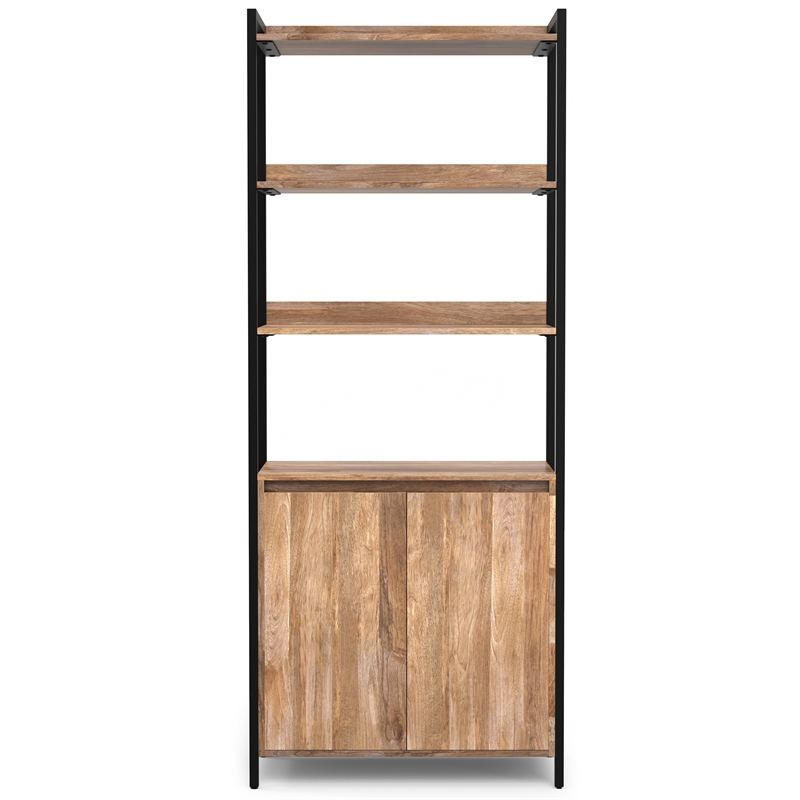 Pemberly Row Solid Mango Wood 74x30 Large Bookshelf with Cabinet in Natural