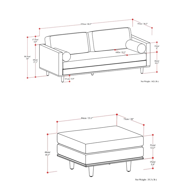 Pemberly Row Morrison Sofa Set with Ottoman in Charcoal Gray Polyester