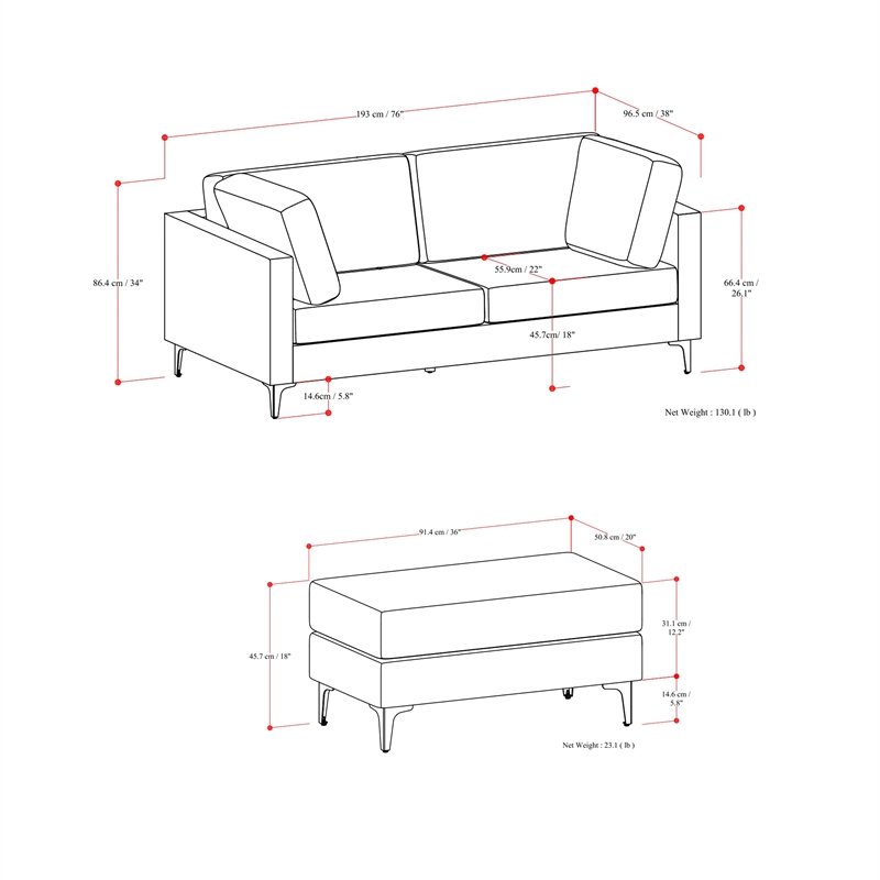 Pemberly Row Ava 76-inch Sofa and Ottoman Set in Cream Fabric