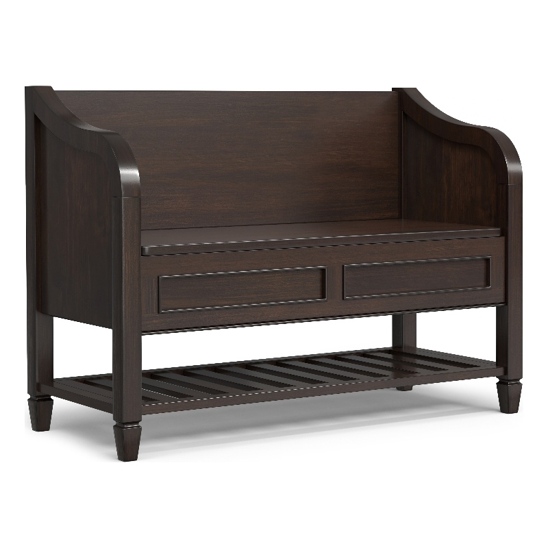 Pemberly Row Solid Wood Storage Bench with Shelf in Chestnut Brown