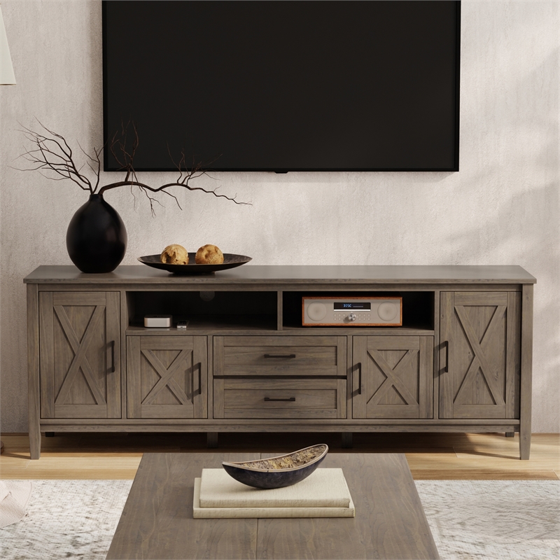 Pemberly Row Solid Wood 72 Inch TV Media Stand in Smoky Brown Finish