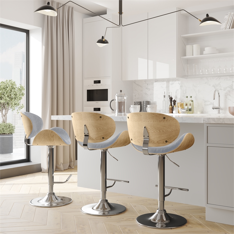 Pemberly Row Bentwood Gas Lift Bar Stool in Stone Grey with Swivel