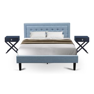 Pemberly Row 3-Piece Bedroom Set with Queen Bed and Nightstands in Denim Blue