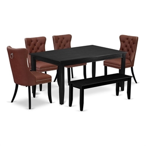 Pemberly Row 6-Piece Kitchen Table Set in Rubberwood Black Burgundy