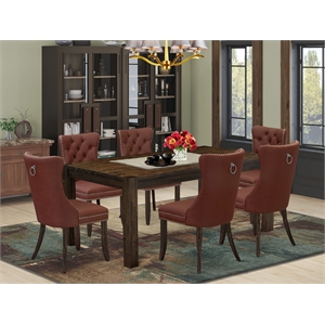 Pemberly Row 7-Piece Dining Set in Distressed Jacobean with Burgundy Seating