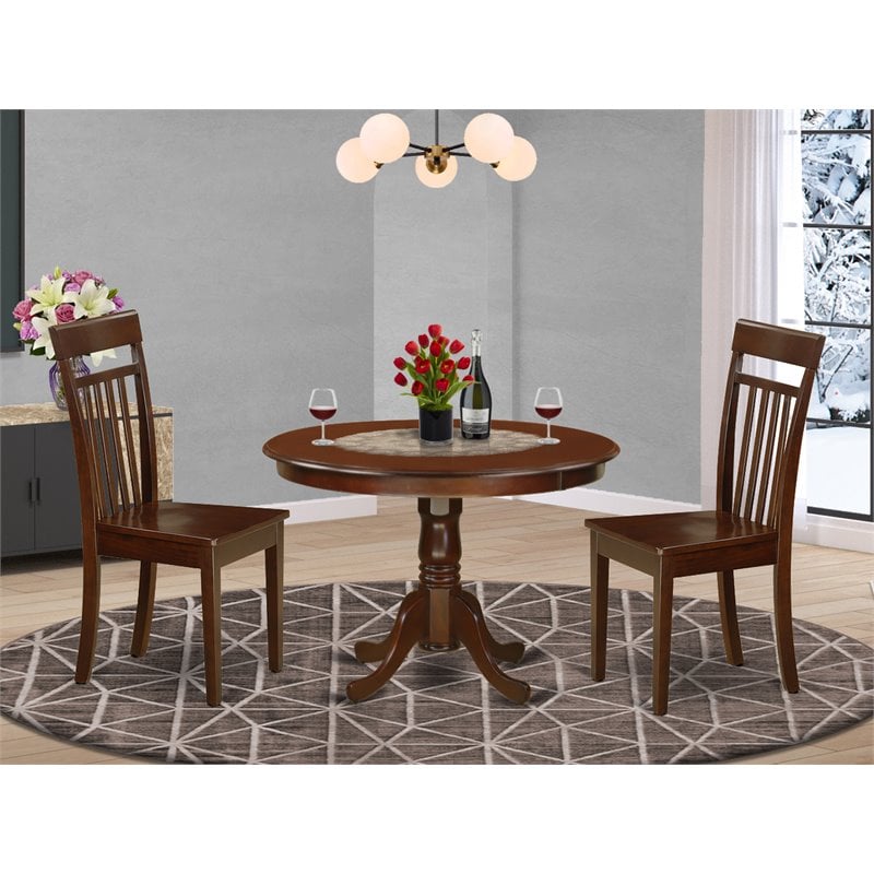 Pemberly Row 3-Piece Round Dining Set with Mahogany Finish and Wood Seats