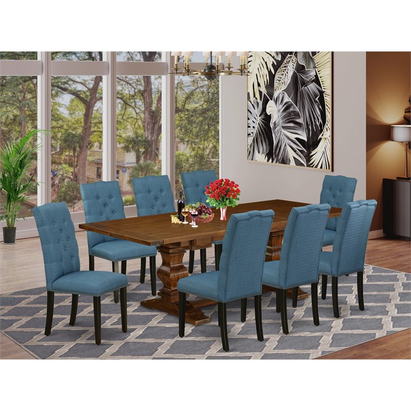 Pemberly Row Lassale 9-Piece Wood Dining Set in Walnut and Mineral Blue