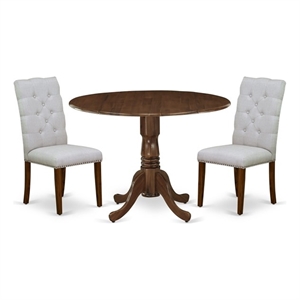 Pemberly Row 3-Piece Antique Walnut Kitchen Table Set with Grey Linen Chairs