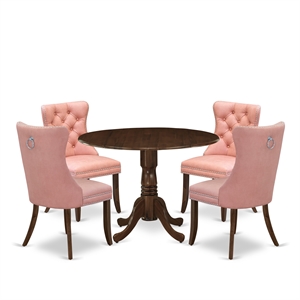 Pemberly Row 5-Piece Round Dining Table Set in Antique Walnut and Beige Red