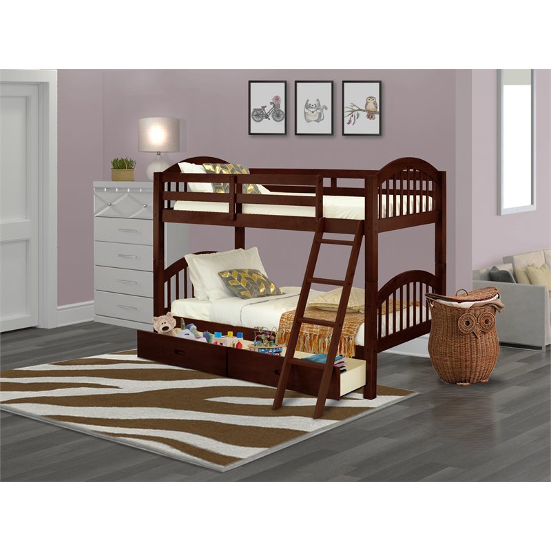 Pemberly Row Twin Bunk Bed with Under Drawer Storage in Java Finish