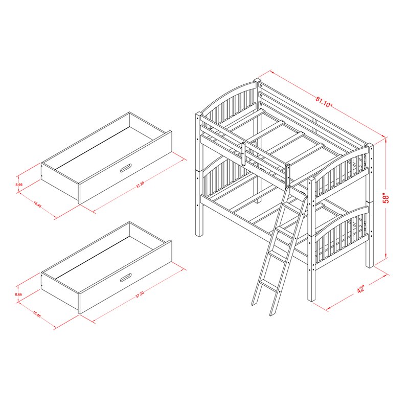 Pemberly Row Twin Bunk Bed with Under Drawer Storage in Java Finish
