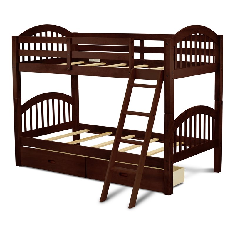 Pemberly Row Twin Bunk Bed with Under Drawer Storage in Java Finish