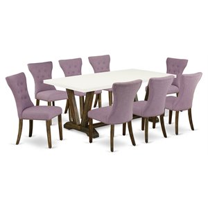 Pemberly Row 9-Piece Wood Dining Set with Jacobean Finish and Dahlia Upholstery