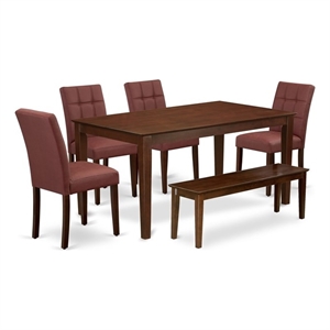 Pemberly Row 6-Piece Dining Table Set with Bench in Mahogany/Burgundy
