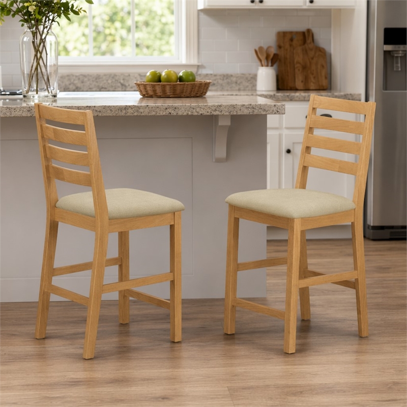 Pemberly Row Cafe Fabric Counter Height Stools in Oak Finish (Set of 2)