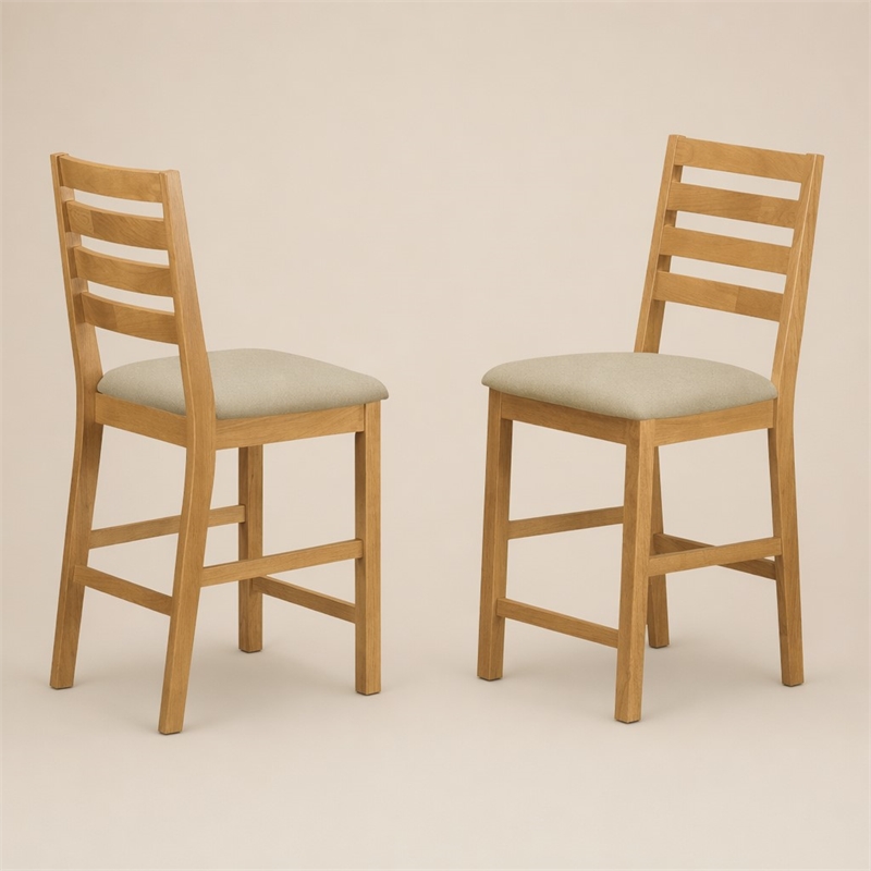 Pemberly Row Cafe Fabric Counter Height Stools in Oak Finish (Set of 2)