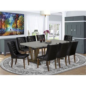 Pemberly Row 9-Piece Button Tufted Dining Set in Cement and Jacobean Finish
