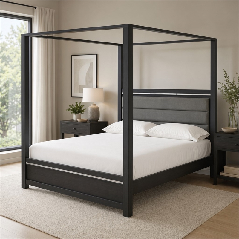 Pemberly Row Wood Queen Bed with LED Headboard in Brush Gray