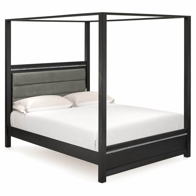 Pemberly Row Wood Queen Bed with LED Headboard in Brush Gray