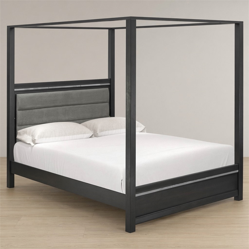 Pemberly Row Wood Queen Bed with LED Headboard in Brush Gray