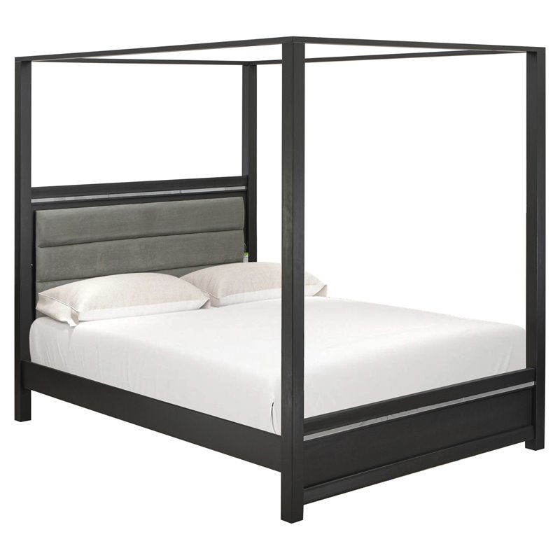 Pemberly Row Wood Queen Bed with LED Headboard in Brush Gray