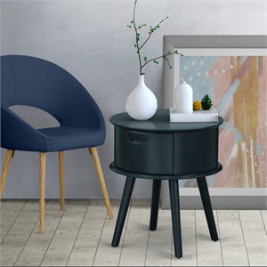Pemberly Row 19&quot Round Wood Nightstand with Drawer in Navy Blue