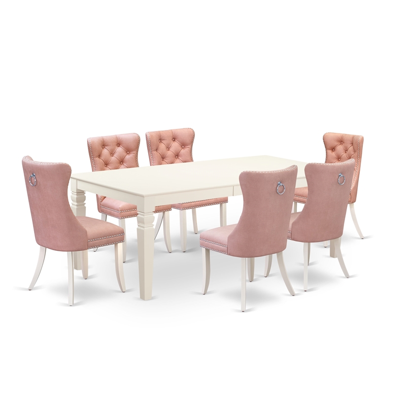Pemberly Row 7-Piece Rubberwood Dining Set in Linen White with Beige Red Chairs