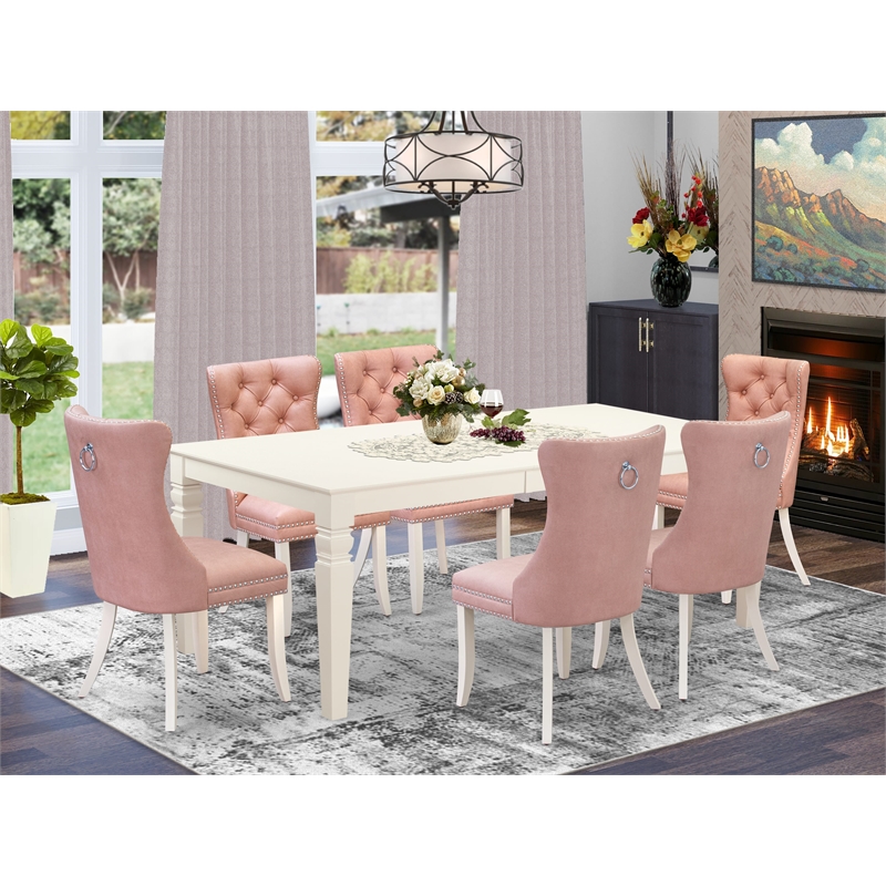 Pemberly Row 7-Piece Rubberwood Dining Set in Linen White with Beige Red Chairs